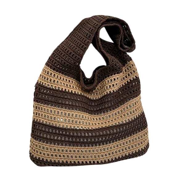 Crochet Tan & Brown Striped Tote Bag - Picture 1 of 6
